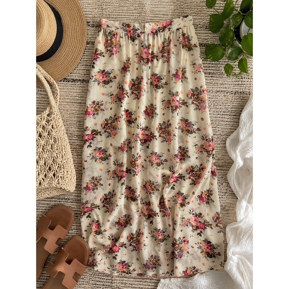 YA Los Angeles Floral Silk Blend Maxi Skirt Cream Pink Rose Print Size S